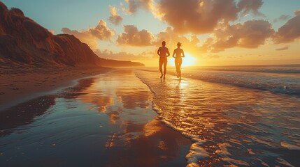 Fototapeta premium Active Couple Running on a Scenic Beach at Sunset, Capturing Fitness and Romance in Nature