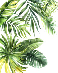 Watercolor tropical leaves and jungle plants isolated on white background