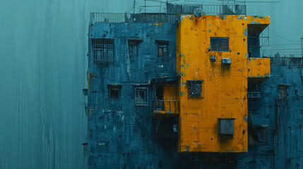 Vibrant Blue Building on Dreamy Hypercolor Background, Floating Architecture, Yellow and Indigo Hues, Editorial Artwork