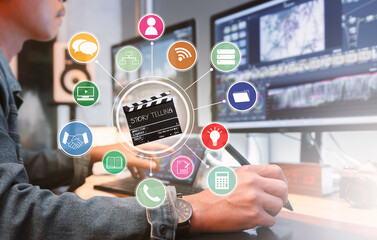Post Production workflows diagram.Filmmaker or movie video editor and colorist, working with...