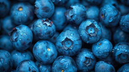   A pile of blueberries with water drops on both the top and bottom