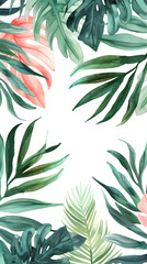 Watercolor frame with tropical leaves and jungle plants	
