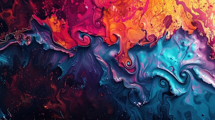 Abstract background of acrylic paint in blue, orange, yellow and red colors