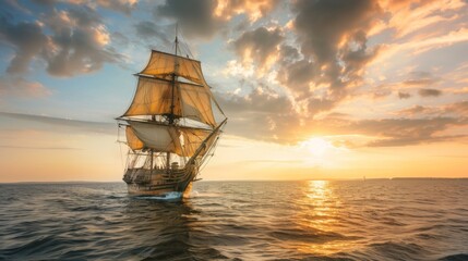 Fototapeta premium Sailing ship in sea water at sunset.