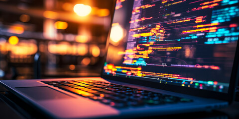 Vibrant Developer Workspace Displaying HTML Code on Laptop Screen, Illustrating Web Development in a Cozy Evening Setting