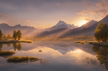 Fototapeta premium Gigantic lake with golden sky and big mountain in the back, Generative AI