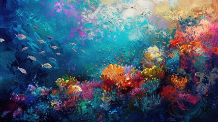 Abstract expressionist rendering of a coral reef, splashes of vibrant colors to signify marine life, textured layers, bold brushwork, luminous, underwater lighting realistic