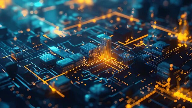 Close-up View of Glowing Circuit Board with Microchips and Processors