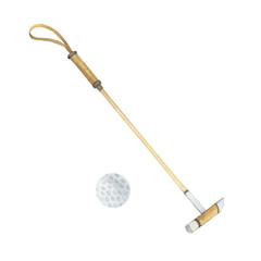 Watercolor illustration of a horse polo stick and ball. Isolated. For cards, prints, decor