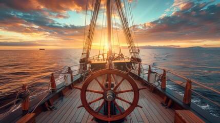 Deck view with ship wheel from a sailing ship with beautiful seascape at sunset.