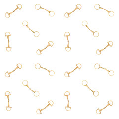 Seamless pattern with watercolor illustration of golden snaffle, bit with D-Ring and circle rings. Equipment for horse riding set. Isolated. For cards, prints, decor © dakora
