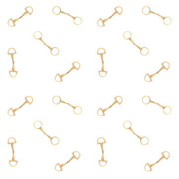 Seamless pattern with watercolor illustration of golden snaffle, bit with D-Ring and circle rings. Equipment for horse riding set. Isolated. For cards, prints, decor