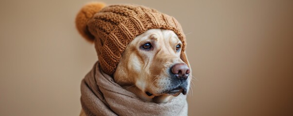 Cozy golden Labrador retriever dressed in a knitted hat and scarf, exuding warmth against a beige...