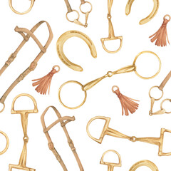 Seamless pattern with watercolor illustration of golden snaffle, bridle, horseshoes, bit with D-Ring and circle rings. Equipment for horse riding set. Isolated. For cards, prints, decor