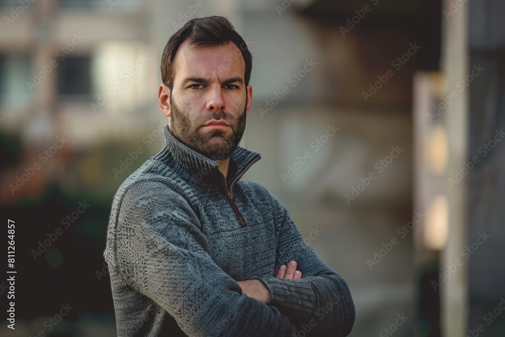 Sticker A man stands with crossed arms in front of a building, exuding confidence and a stern expression, A man standing confidently with a stern expression