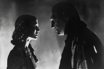 Black and white scene of a mans shadow casting over a woman, creating a tense atmosphere, A man's menacing shadow looms over a woman, who trembles in his presence