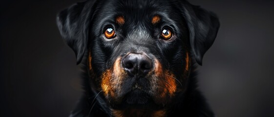 Fototapeta premium An intense close-up portrait of a Rottweiler dog with striking orange eyes, showcasing a deep, soulful look.