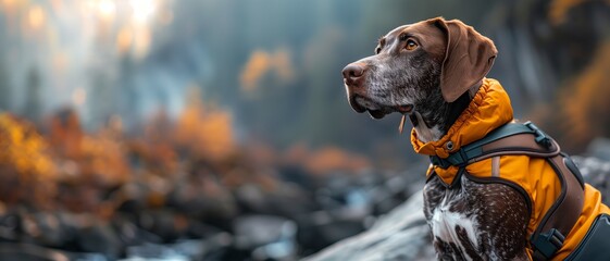 A spirited hunting dog outfitted in a yellow adventure jacket stares intently into the distance amidst a foggy, autumnal landscape.