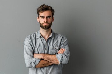 Obraz premium A man stands with arms crossed in front of a gray wall, exuding confidence and authority, A man standing confidently with a stern expression