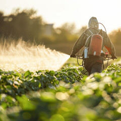 farmer spraying pesticide at agriculture field