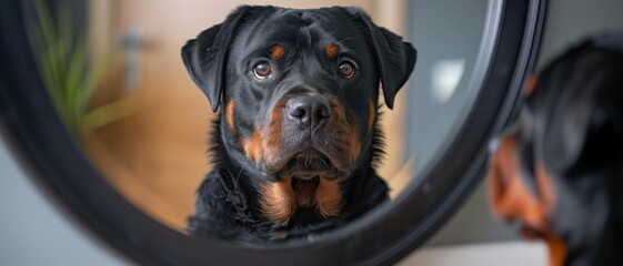 A deep, thoughtful gaze from a Rottweiler captured in a mirror reflection, emphasizing its curious and soulful eyes.