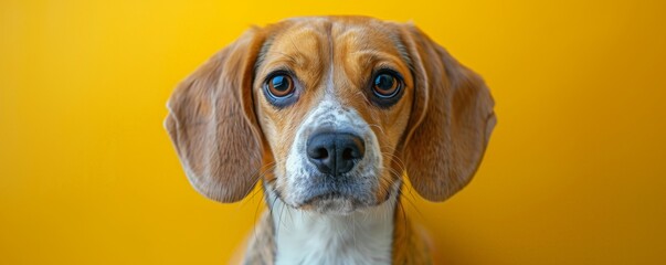 A close-up portrait of a Beagle with a captivating expression and big brown eyes, set against a bright yellow background.