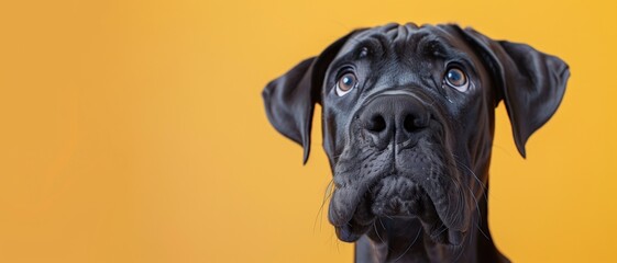 A young Great Dane with an attentive expression stands out against a bright yellow background, emphasizing its curious gaze and sleek coat.