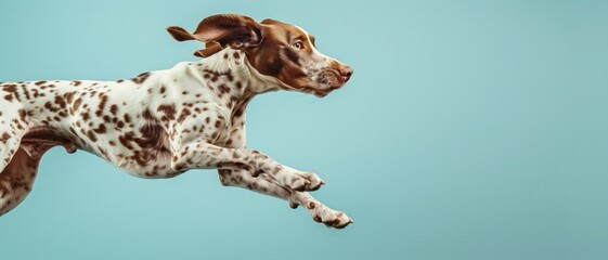 A Dalmatian captured in a stunning leap, showing off its distinct spots and muscular build against a light blue background.