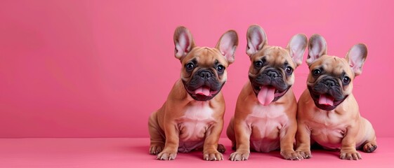 Three adorable French Bulldogs sit together on a pink background, each with their tongue playfully sticking out, creating a charming and colorful scene.