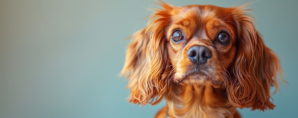 A detailed portrait of a Cavalier King Charles Spaniel, highlighting its soulful, large brown eyes and beautiful russet fur.