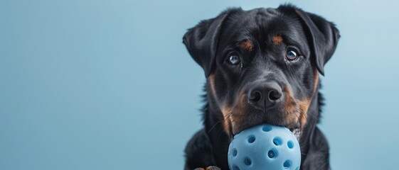 A playful Rottweiler engages with a bright blue ball, showcasing its strong jaw and focused expression in a light blue setting.