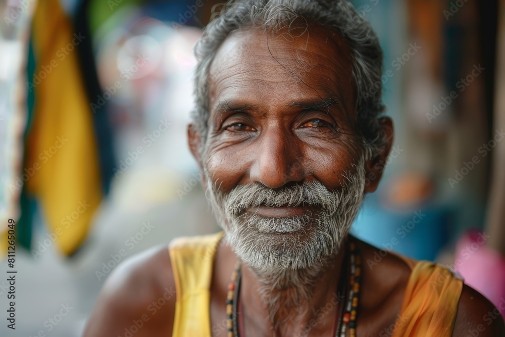 Poster A man with grey hair and beard smiles gently in a yellow shirt, A man with a kind expression and a gentle smile