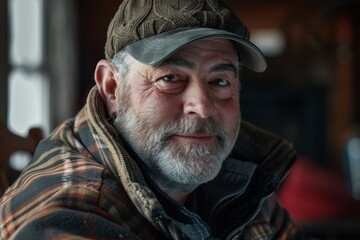 Obraz premium A man wearing a hat and plaid jacket stands confidently, A man with a charismatic and inviting presence