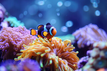 Obraz premium Clownfish in aquarium with blue water and corals