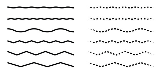 Wave line and wavy zigzag pattern lines. Vector black underlines, smooth end squiggly horizontal curvy squiggles on white background.