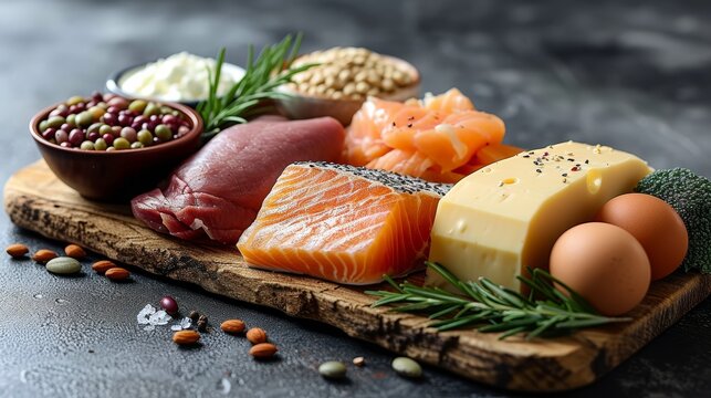 Vitamins consume whole grains, lean meats, poultry, fish, eggs, dairy, legumes AI generated