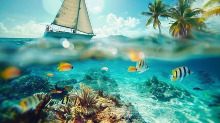 Sailing boat above and sea life fishes with coral beneath underwater in sea.