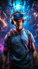 A person wearing a VR headset and controllers, fully engaged in an immersive gaming experience, surrounded by virtual elements.