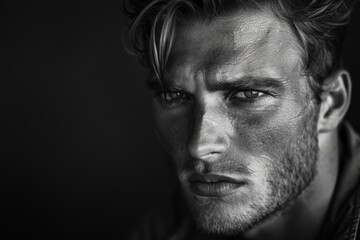 Fototapeta premium A black and white portrait of a man with a strong jawline, exuding a serious demeanor, A man with a strong jawline and a serious demeanor