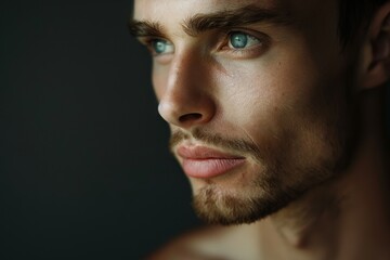 Obraz premium Close-up view of a man with chiseled features and striking blue eyes, A man with a strong jawline and chiseled features