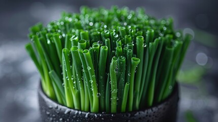   A macro shot of lush green foliage dotted with dewdrops, alongside a sleek black mug filled to the brim with sparkling water