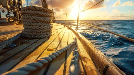 Obraz premium Rope on sailing boat deck in sea