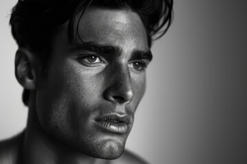 Black and white shirtless man displaying chiseled features and strong jawline, A man with a strong jawline and chiseled features
