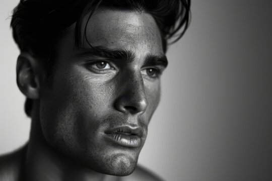 Black and white shirtless man displaying chiseled features and strong jawline, A man with a strong jawline and chiseled features