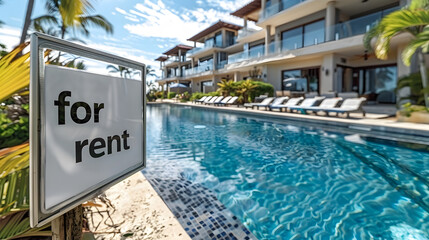 For Rent Sign Positioned Near A Modern Beachfront Condo Or Apartment Complex
