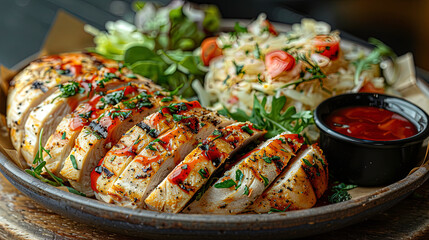Turkey steak well done, on a dark plate, with vegetables and red sauce. On a wooden table.