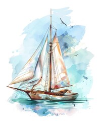 Watercolor painting of sailing boat.