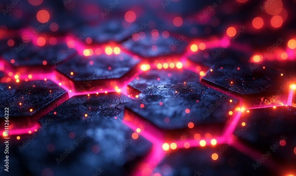 Poster abstract network of hexagonal lights.