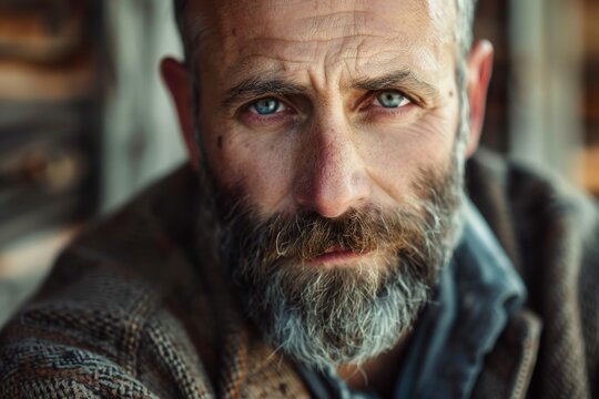 Close-up of a man showcasing a rugged look, focusing on his facial features and distinctive goatee, A man with rugged features and a beard