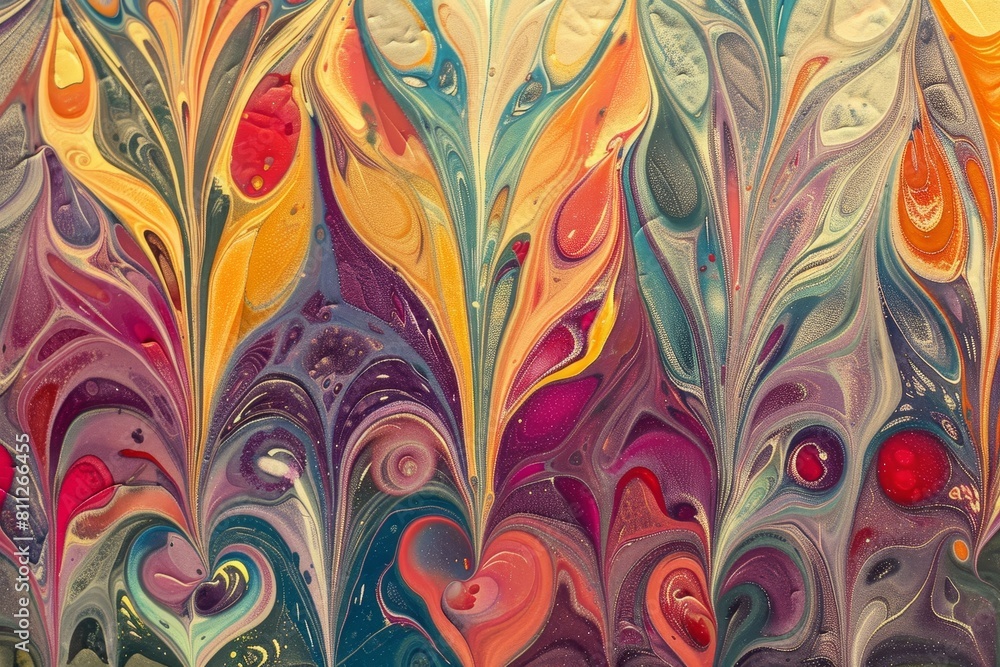 Poster a dynamic composition of various colors and shapes blending in an abstract painting, a marbled paper